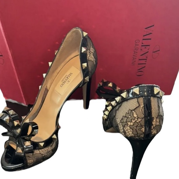 Valentino Shoes - Valentino Black Lace Patent Leather Studded Bow D'orsay Peep Toe Pumps 38 $995